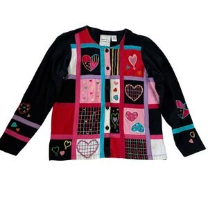 Michael Simon Light Women Black Heart Patchwork‎ Embroidered Cotton Cardigan S